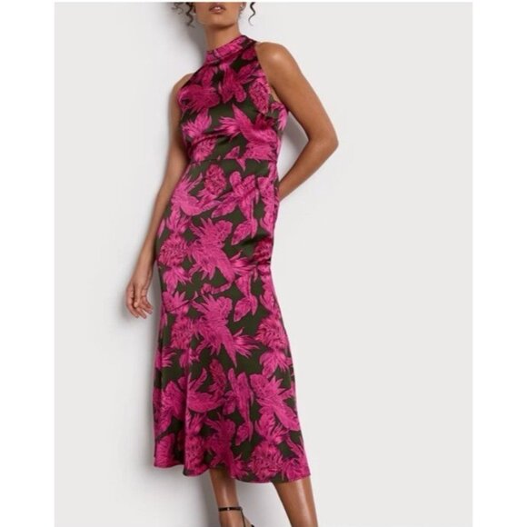 Sam Edleman Midi Dress 12 Pink Brown Floral Sleeveless Mock Tie Neck $160 - Picture 11 of 15